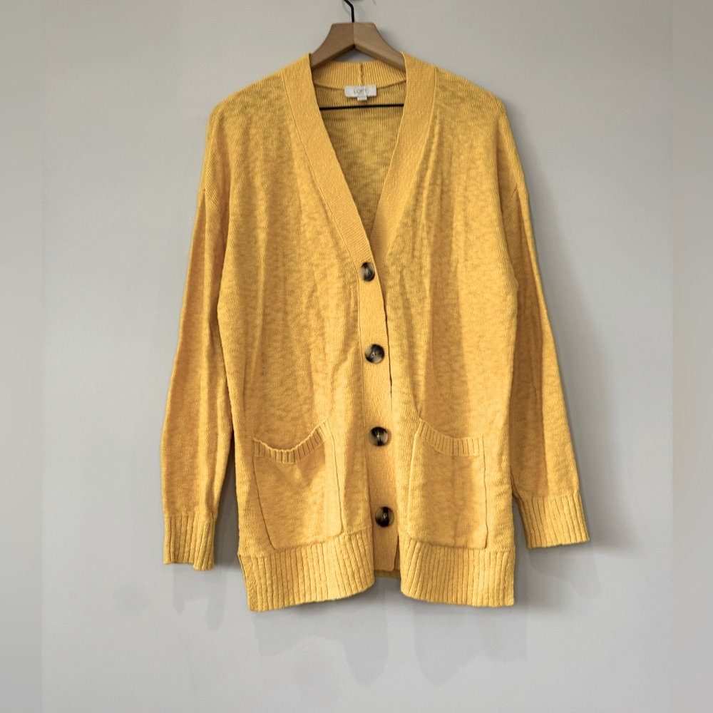 Loft Yellow Grandpa style Button-Up cardigan Sweater pockets V neck long line L